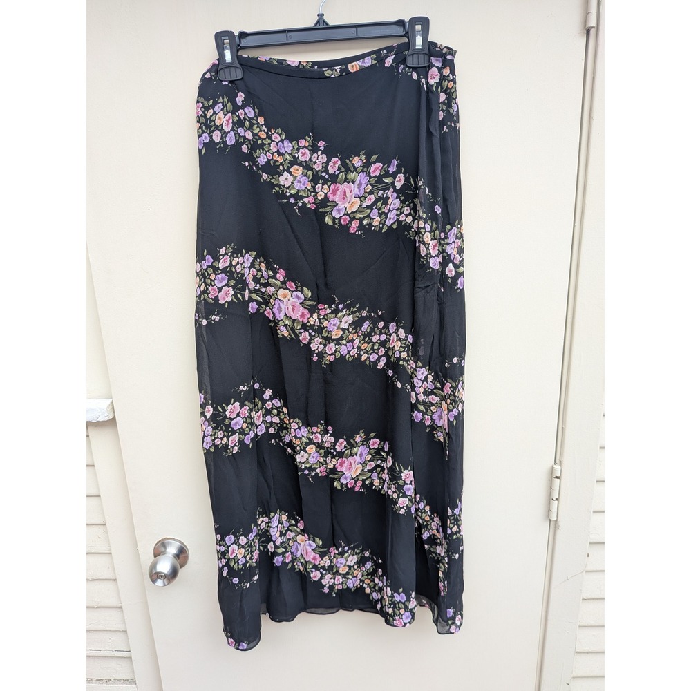 Vintage Jones New York Sport Silk Floral‎ Print Maxi Skirt Black Size 16